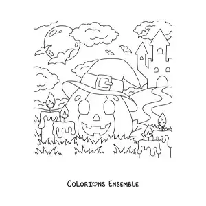 Image a colorier d’une citrouille d’Halloween kawaii avec un chapeau et des bougies