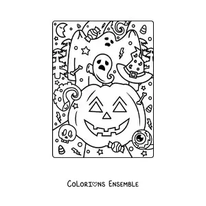 Image a colorier d’une jolie citrouille d’Halloween avec un fantome et des bonbons