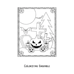 Image a colorier de citrouilles d’Halloween terrifiantes avec des tombes et des chauves-souris