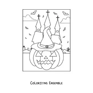 Image a colorier d’une citrouille d’Halloween simple avec un chapeau et des chauves-souris