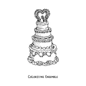 Image à colorier d'un gâteau de mariage décoré d'un cœur