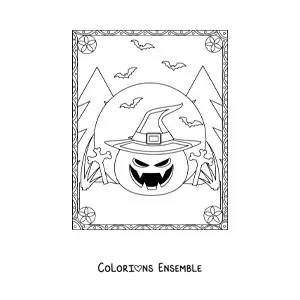 Image a colorier de citrouilles d’Halloween effrayantes avec un chapeau