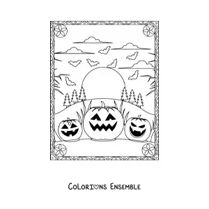 Image a colorier de citrouilles d’Halloween effrayantes avec des chauves-souris
