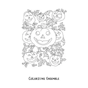 Image a colorier de belles citrouilles d’Halloween avec des feuilles d’automne