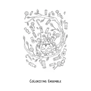 Image a colorier d’une citrouille d’Halloween terrifiante avec des bonbons