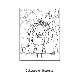 Image a colorier d’un personnage de dessin anime avec un masque de citrouille d’Halloween