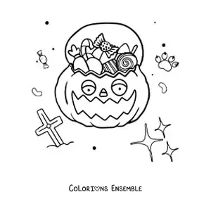 Image a colorier d’une citrouille d’Halloween en dessin anime avec des bonbons
