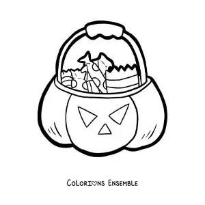 Image a colorier d’une grande citrouille d’Halloween avec des bonbons