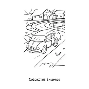 Image à colorier d’une voiture sur une route avec des maisons en arrière-plan