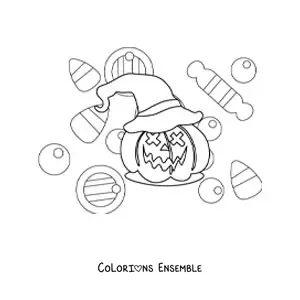 Image a colorier d’une citrouille d’Halloween simple avec un chapeau et des bonbons