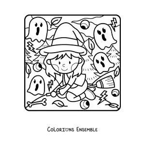 Image a colorier d’une sorciere kawaii volant sur un balai