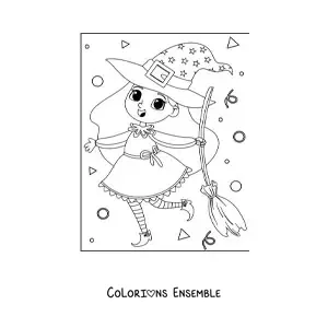 Image a colorier d’une jolie sorciere avec un balai