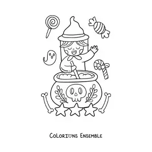 Image a colorier d’une sorciere kawaii avec un chaudron