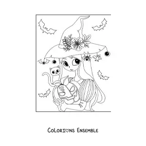 Image a colorier d’une jolie sorciere avec un chat et une citrouille d’Halloween