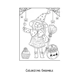 Image a colorier d’une sorciere d’Halloween kawaii avec des bonbons
