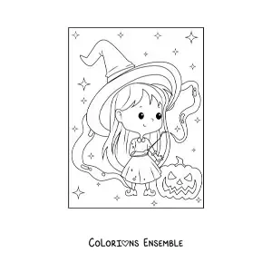 Image a colorier d’une sorciere d’Halloween kawaii avec une citrouille