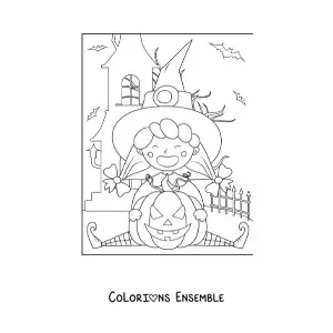 Image a colorier d’une petite sorciere en dessin anime avec une citrouille d’Halloween