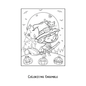 Image a colorier d’une gentille sorciere kawaii volant sur un balai avec un chat