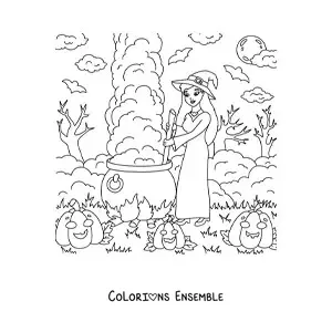 Image a colorier d’une jolie sorciere avec un chaudron