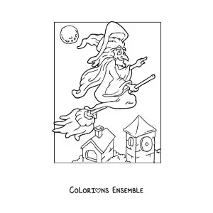 Image a colorier d’une mechante sorciere volant sur un balai
