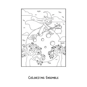 Image a colorier d’une petite sorciere kawaii en dessin anime volant avec une pleine lune