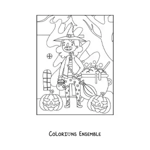 Image a colorier d’une petite sorciere en dessin anime avec un chaudron