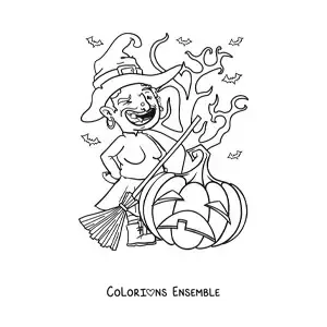 Image a colorier d’une vilaine sorciere en dessin anime avec une citrouille d’Halloween