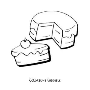 Image à colorier d'un gâteau et d'une part de gâteau avec une cerise