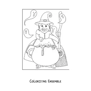 Image a colorier d’une vilaine sorciere preparant une potion