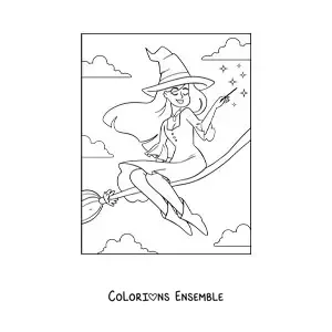 Image a colorier d’une jolie sorciere enchanteresse volant sur un balai