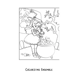 Image a colorier d’une sorciere kawaii preparant une potion sous une pleine lune
