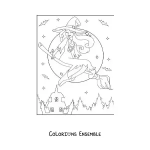 Image a colorier d’une belle sorciere volant sous une pleine lune