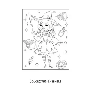 Image a colorier d’une jolie sorciere en dessin anime qui rit