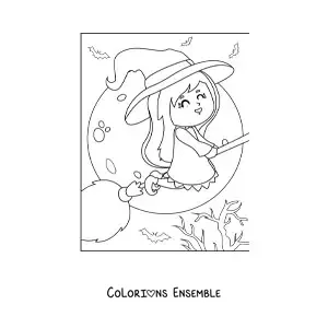 Image a colorier d’une sorciere kawaii volant sous une pleine lune