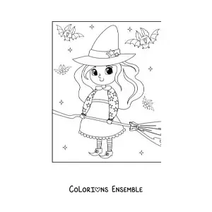 Image a colorier d’une petite sorciere kawaii avec un balai et des chauves-souris