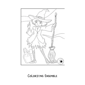 Image a colorier d’une petite sorciere en dessin anime avec un balai et une potion