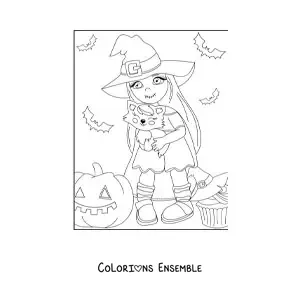 Image a colorier d’une petite sorciere kawaii avec un chat et une citrouille d’Halloween