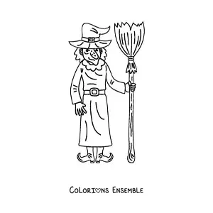 Image a colorier d’une mechante sorciere avec un balai