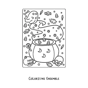 Image a colorier d’un chaudron de sorciere avec un fantome et des bonbons d’Halloween