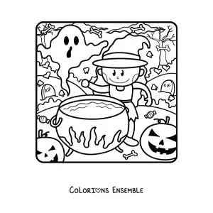 Image a colorier d’une sorciere en dessin anime avec un chaudron et un fantome
