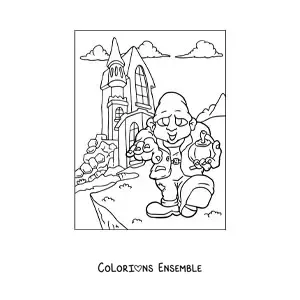 Image a colorier d’un zombie avec une maison hantee d’Halloween
