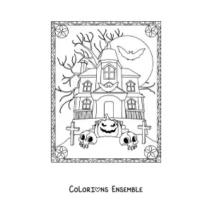 Image a colorier d’une maison hantee d’horreur avec une citrouille d’Halloween
