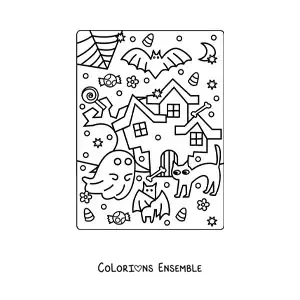 Image a colorier d’une maison hantee kawaii avec un chat et des bonbons d’Halloween