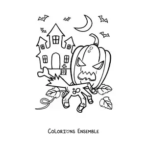 Image a colorier d’une grande maison hantee avec une citrouille d’Halloween et des chauves-souris