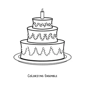 Image à colorier d'un gâteau d'anniversaire à trois étages