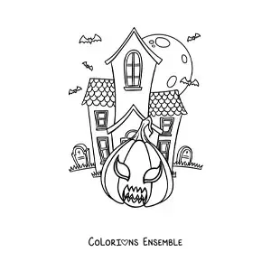 Image à colorier d’une grande maison hantée avec une citrouille d’Halloween et des tombes