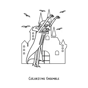 Image à colorier d’un monstre avec un château hanté d’Halloween