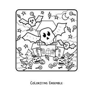 Image à colorier d’un manoir hanté avec des monstres et des citrouilles d’Halloween