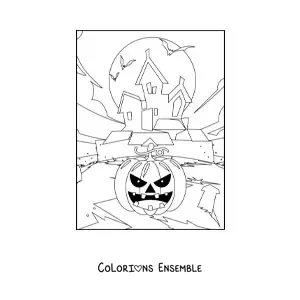 Image à colorier d’une citrouille d’Halloween terrifiante avec un manoir hanté