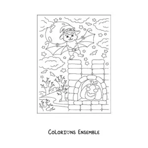 Image à colorier d’un chat déguisé en chauve-souris kawaii avec une citrouille d’Halloween
